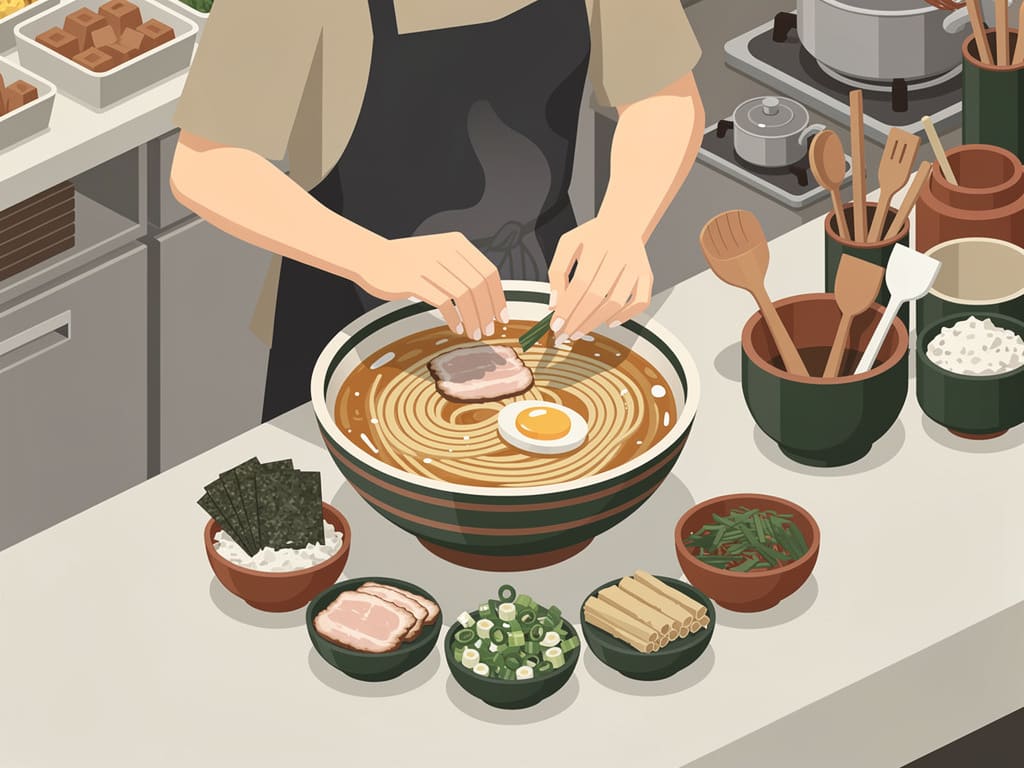 Cuoco mentre completa una ciotola di ramen artigianale