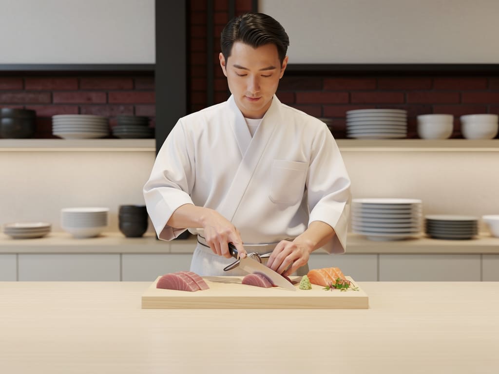 Cuoco giapponese mentre prepara il sashimi al banco di Tandelor