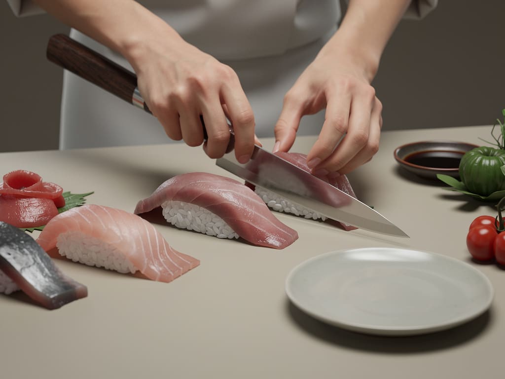 Preparazione manuale di sushi e sashimi sul banco